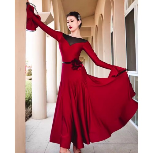 Women girls black wine rose flowers ballroom dance dresses for female flare sleeves waltz tango flamenco dancing long swing skirts for female